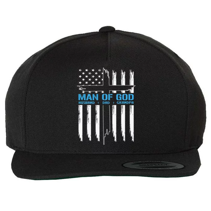 Man Of God Cross American Flag Jesus Christian Tee Wool Snapback Cap