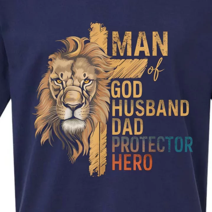 Man Of God Husband Daddy Protector Hero Lion FatherS Day Sueded Cloud Jersey T-Shirt