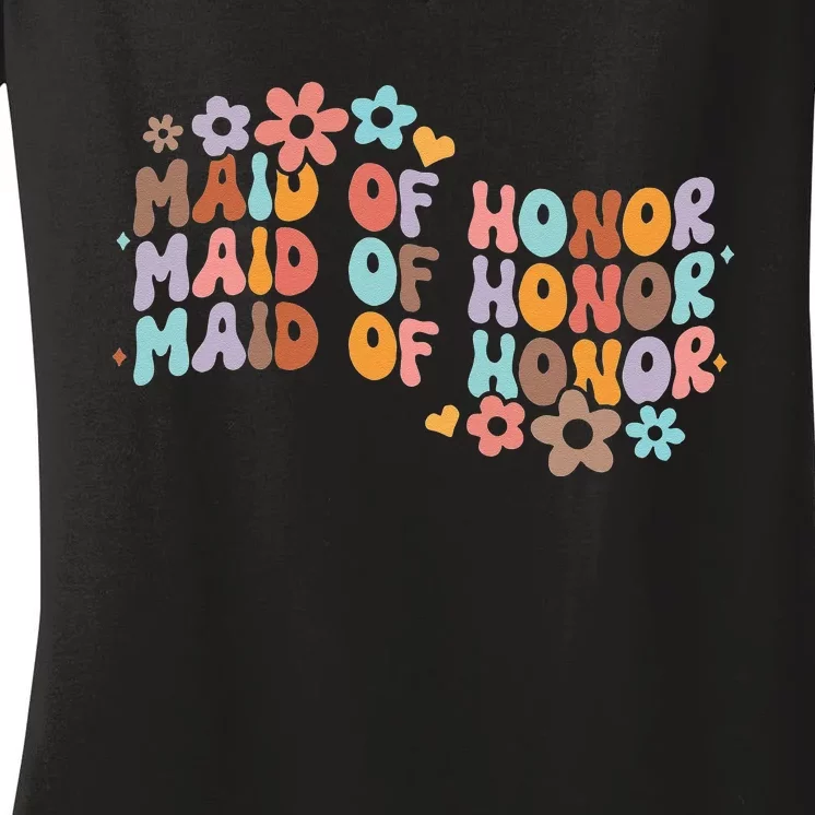 Maid Of Honor Bridesmaid Bridal Shower Groovy Bachelorette Women's V-Neck T-Shirt