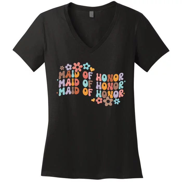 Maid Of Honor Bridesmaid Bridal Shower Groovy Bachelorette Women's V-Neck T-Shirt