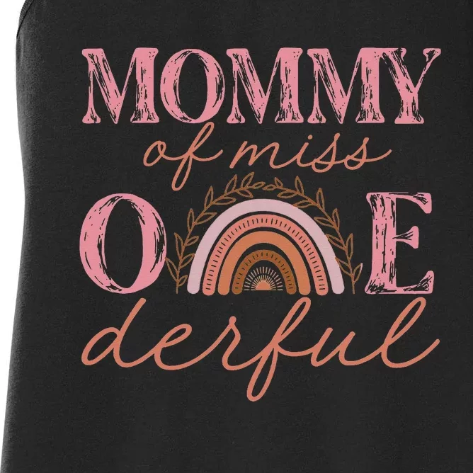 Mommy of Little Miss Onederful 1st Bday Boho Rainbow Women's Racerback Tank