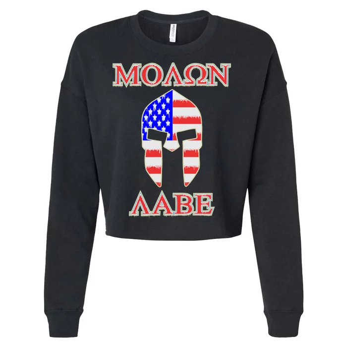 Molon Labe American Flag Spartan Helmet Greek Come and Take Cropped Pullover Crew