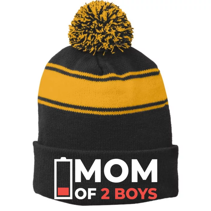 Mom Of 2 Boys Low Battery Stripe Pom Pom Beanie