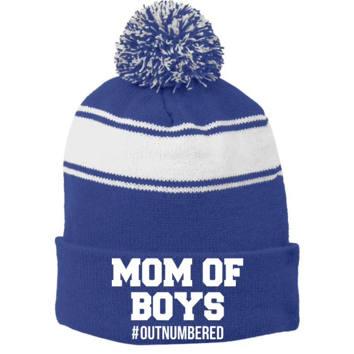 Mom of Boys Hashtag Out Numbered Stripe Pom Pom Beanie