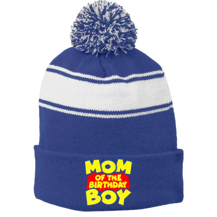 Mom of the Birthday Boy Spoof Toy Logo Stripe Pom Pom Beanie