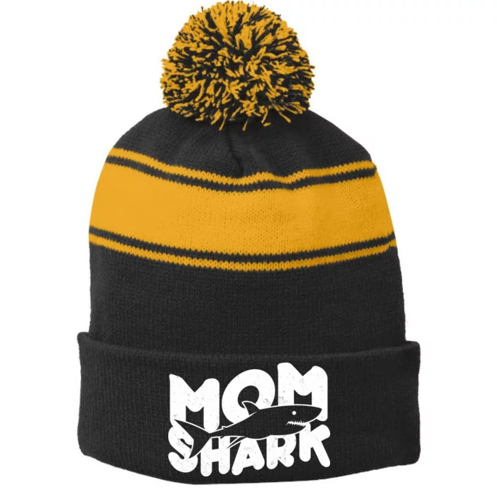 Mom Shark Funny Cute Stripe Pom Pom Beanie