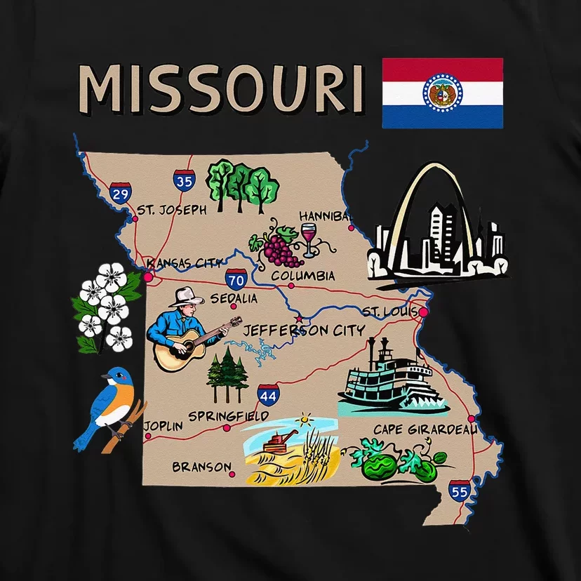 Map of Missouri Landmarks major cities roads flag T-Shirt