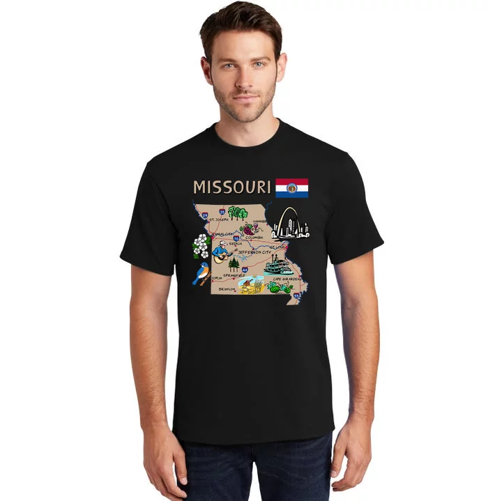 Map of Missouri Landmarks major cities roads flag Tall T-Shirt