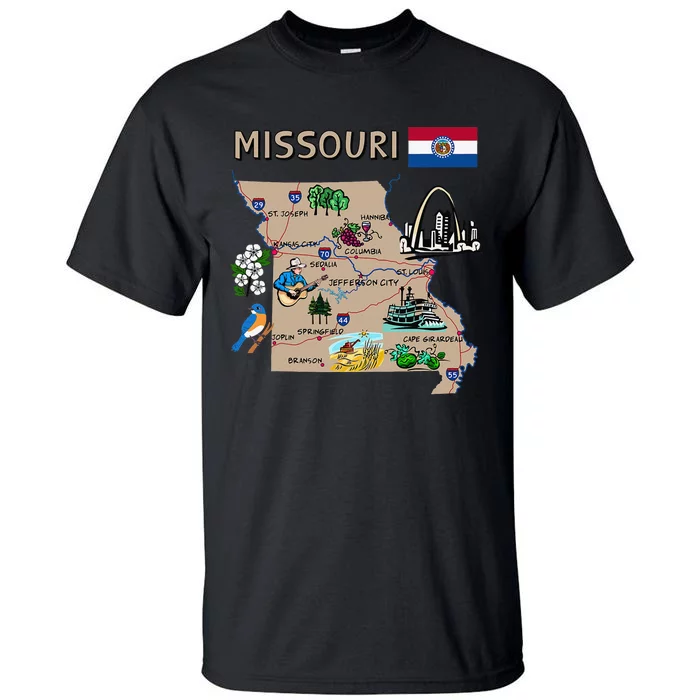 Map of Missouri Landmarks major cities roads flag Tall T-Shirt