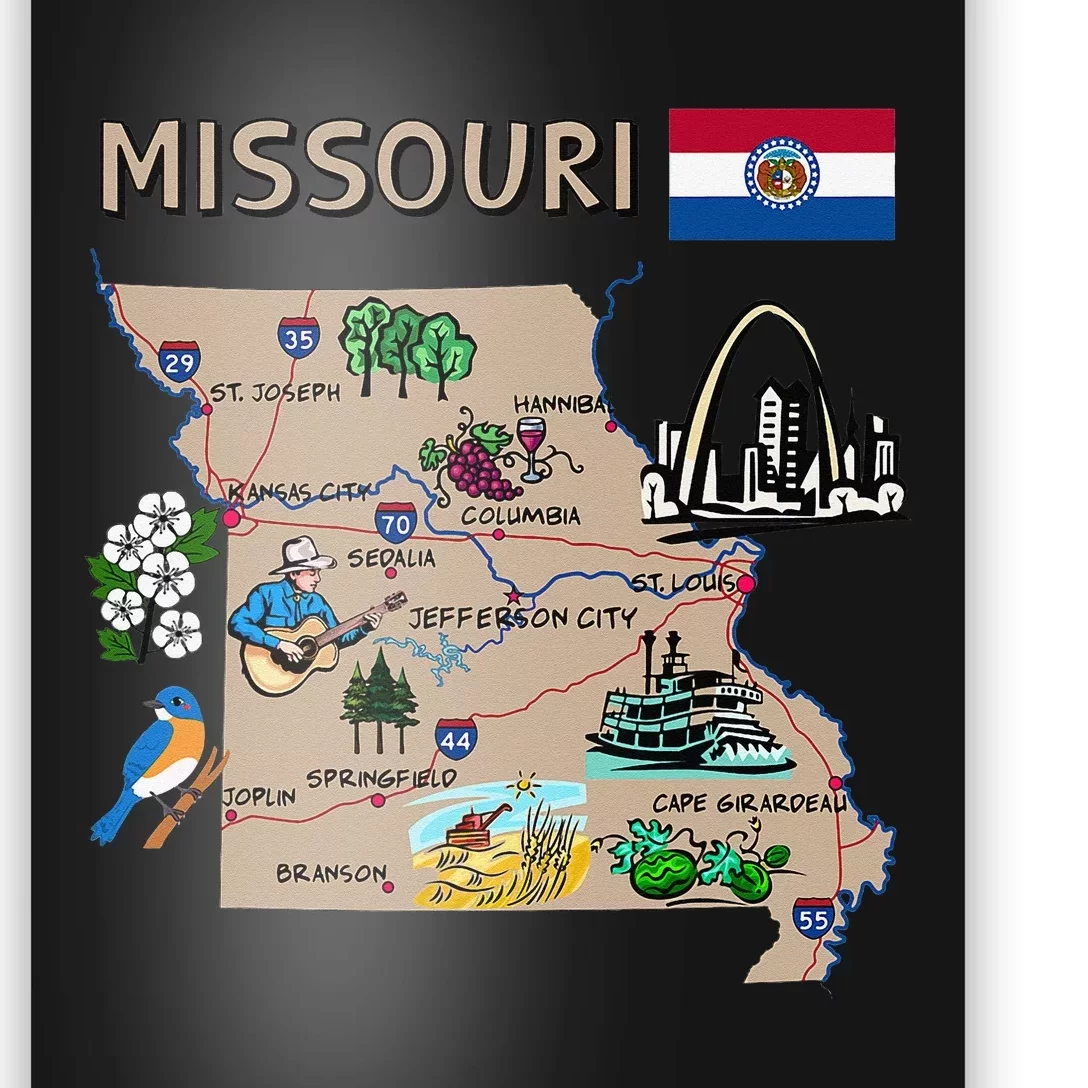 Map of Missouri Landmarks major cities roads flag Poster