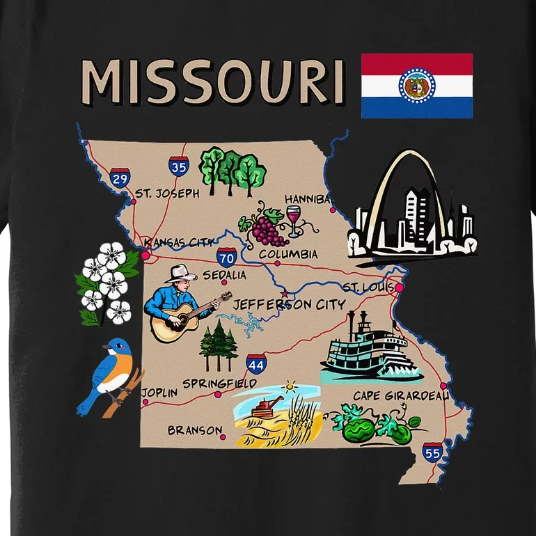 Map of Missouri Landmarks major cities roads flag Premium T-Shirt