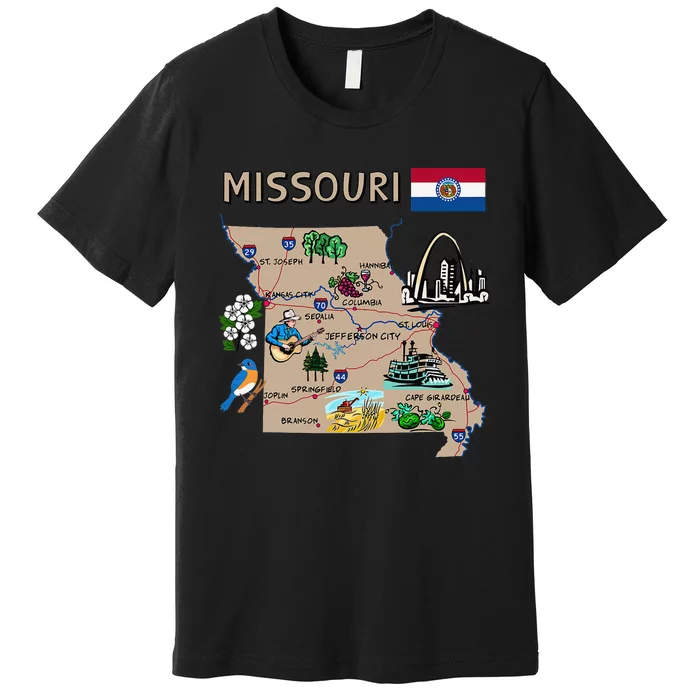 Map of Missouri Landmarks major cities roads flag Premium T-Shirt