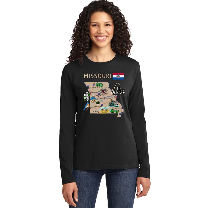 Map of Missouri Landmarks major cities roads flag Ladies Long Sleeve Shirt