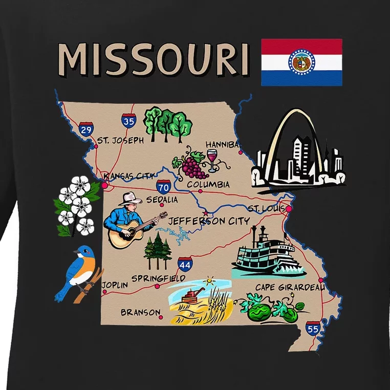 Map of Missouri Landmarks major cities roads flag Ladies Long Sleeve Shirt