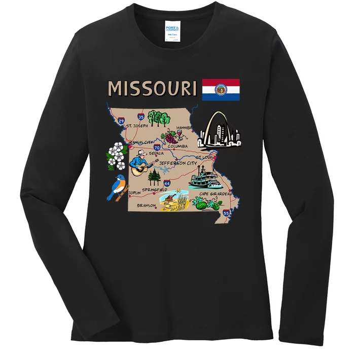 Map of Missouri Landmarks major cities roads flag Ladies Long Sleeve Shirt