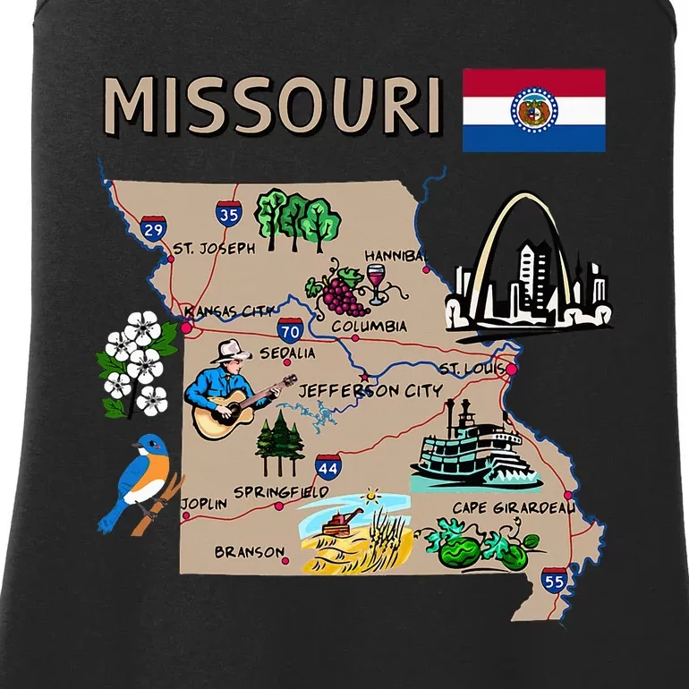 Map Of Missouri Landmarks Major Cities Roads Flag Ladies Essential Tank