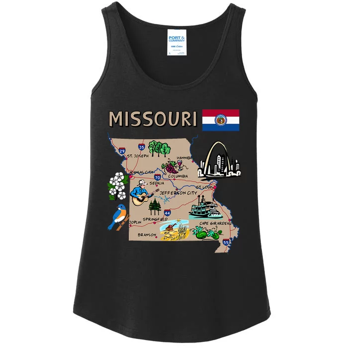 Map Of Missouri Landmarks Major Cities Roads Flag Ladies Essential Tank