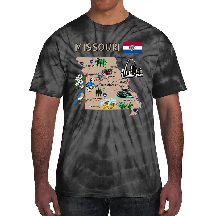 Map Of Missouri Landmarks Major Cities Roads Flag Tie-Dye T-Shirt