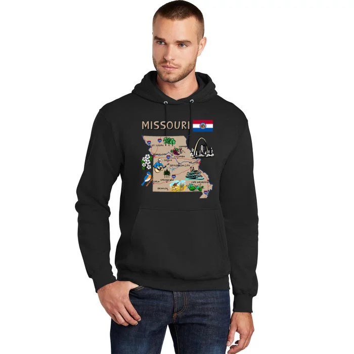 Map Of Missouri Landmarks Major Cities Roads Flag Tall Hoodie