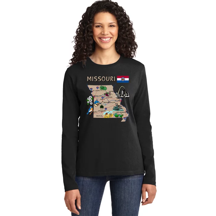 Map Of Missouri Landmarks Major Cities Roads Flag Ladies Long Sleeve Shirt