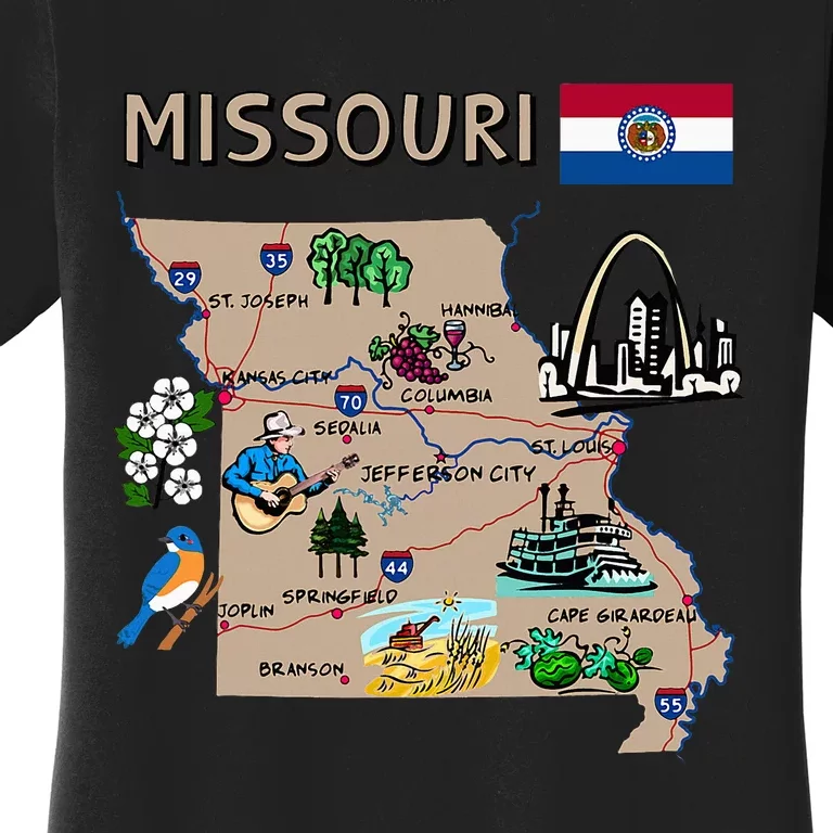 Map Of Missouri Landmarks Major Cities Roads Flag Women's T-Shirt