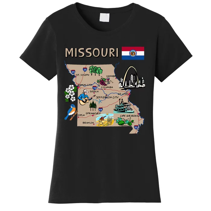 Map Of Missouri Landmarks Major Cities Roads Flag Women's T-Shirt