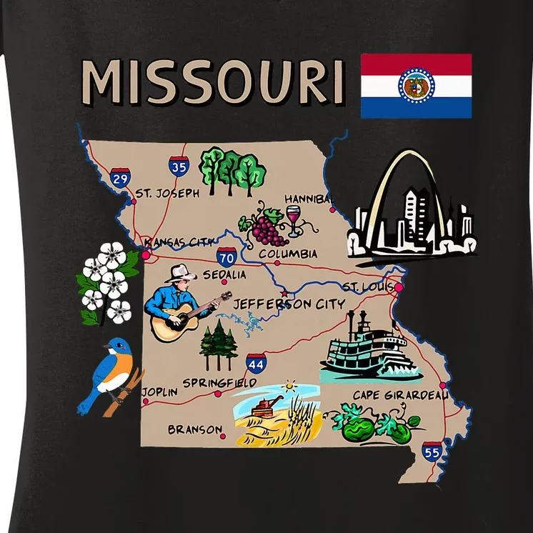 Map Of Missouri Landmarks Major Cities Roads Flag Women's V-Neck T-Shirt