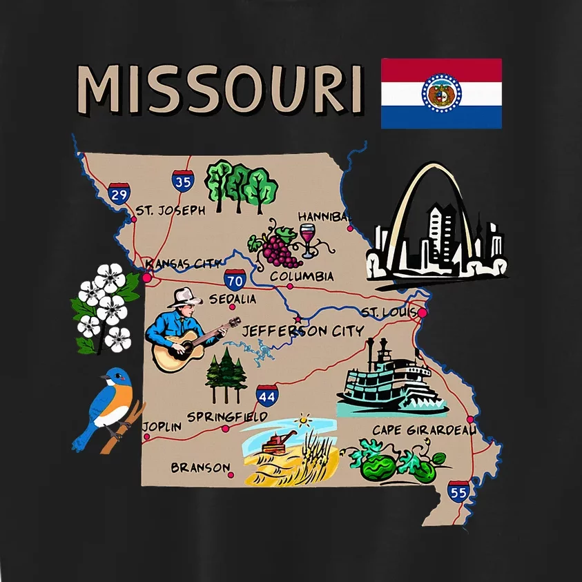 Map Of Missouri Landmarks Major Cities Roads Flag Kids Sweatshirt