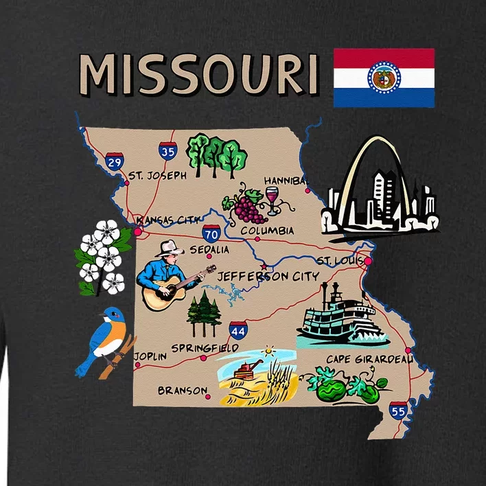 Map Of Missouri Landmarks Major Cities Roads Flag Toddler Sweatshirt