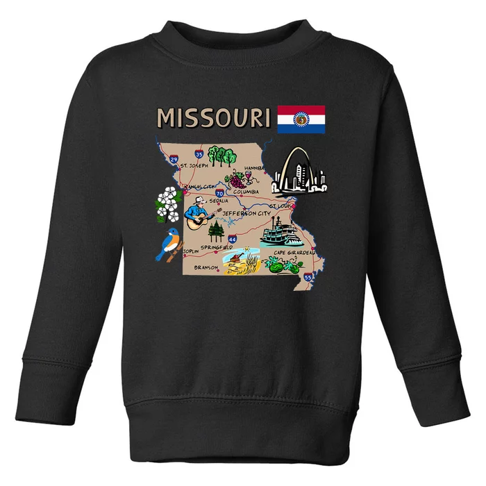 Map Of Missouri Landmarks Major Cities Roads Flag Toddler Sweatshirt