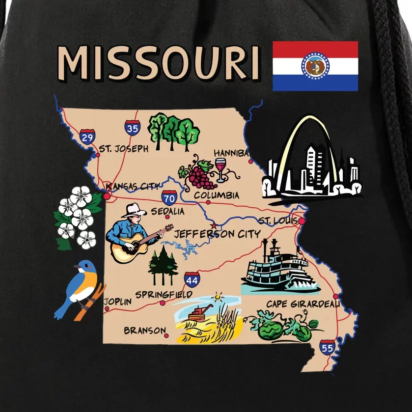 Map Of Missouri Landmarks Major Cities Roads Flag Drawstring Bag