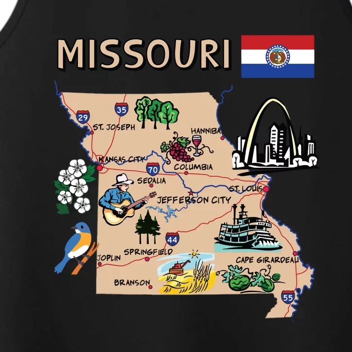 Map Of Missouri Landmarks Major Cities Roads Flag Performance Tank