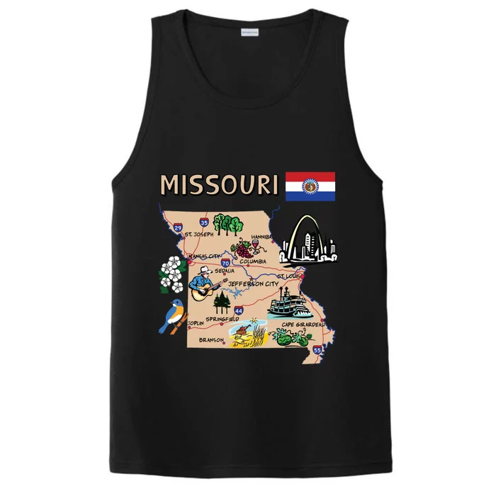 Map Of Missouri Landmarks Major Cities Roads Flag Performance Tank