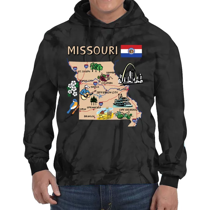 Map Of Missouri Landmarks Major Cities Roads Flag Tie Dye Hoodie