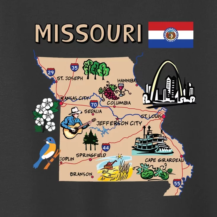 Map Of Missouri Landmarks Major Cities Roads Flag Toddler T-Shirt