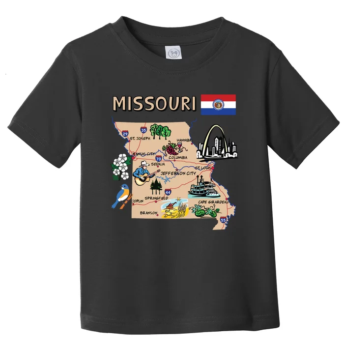 Map Of Missouri Landmarks Major Cities Roads Flag Toddler T-Shirt