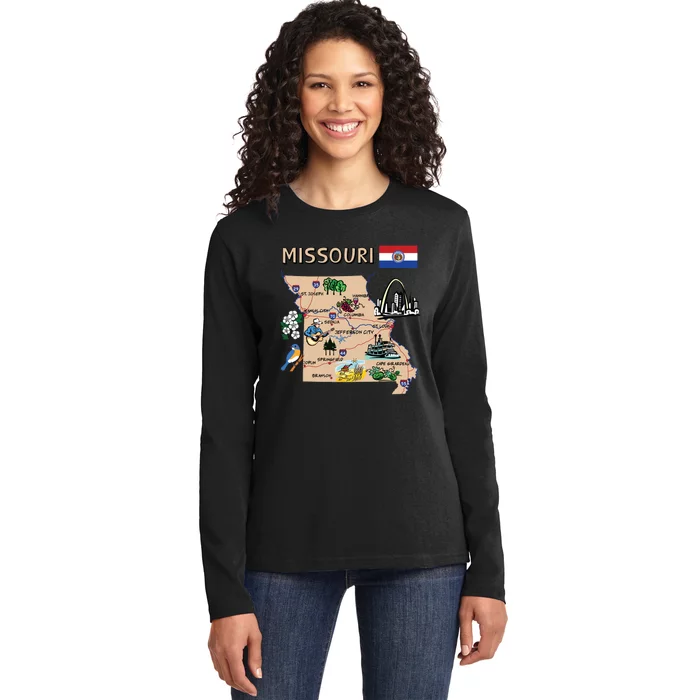 Map Of Missouri Landmarks Major Cities Roads Flag Ladies Long Sleeve Shirt