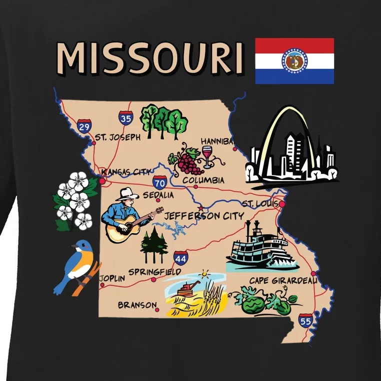 Map Of Missouri Landmarks Major Cities Roads Flag Ladies Long Sleeve Shirt