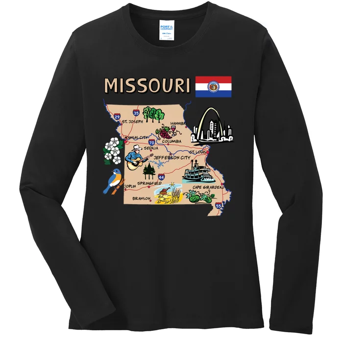 Map Of Missouri Landmarks Major Cities Roads Flag Ladies Long Sleeve Shirt