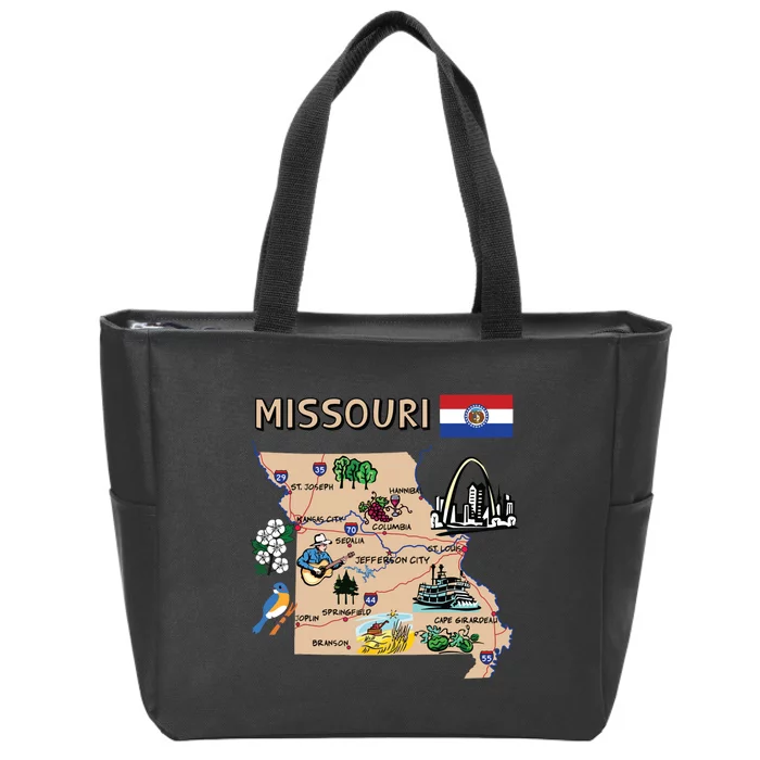 Map Of Missouri Landmarks Major Cities Roads Flag Zip Tote Bag