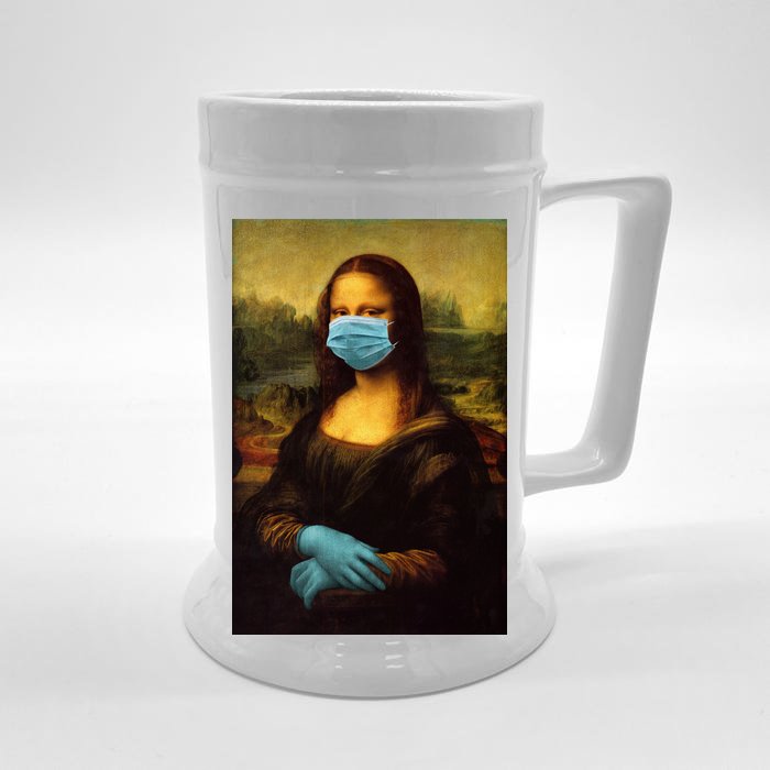 Mona Lisa Face Mas And Gloves Pandemic Front & Back Beer Stein