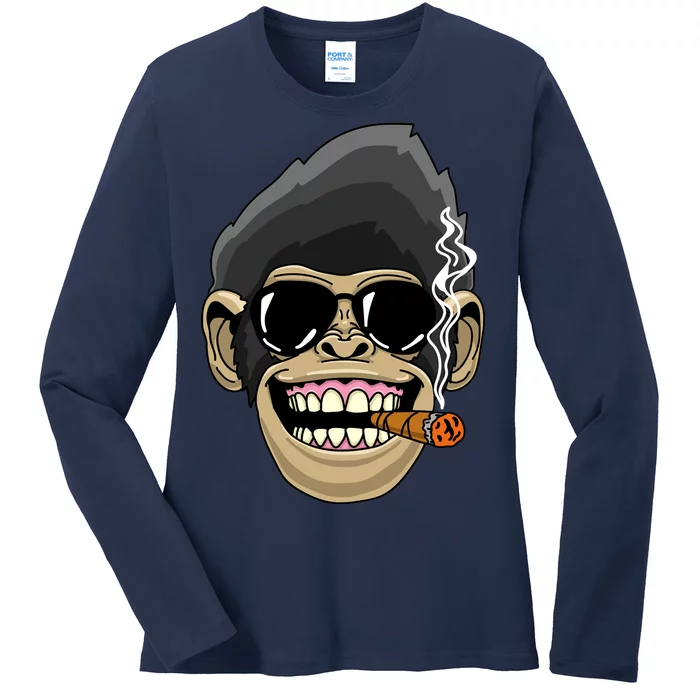 Monkey Smoking Cigar Ladies Long Sleeve Shirt