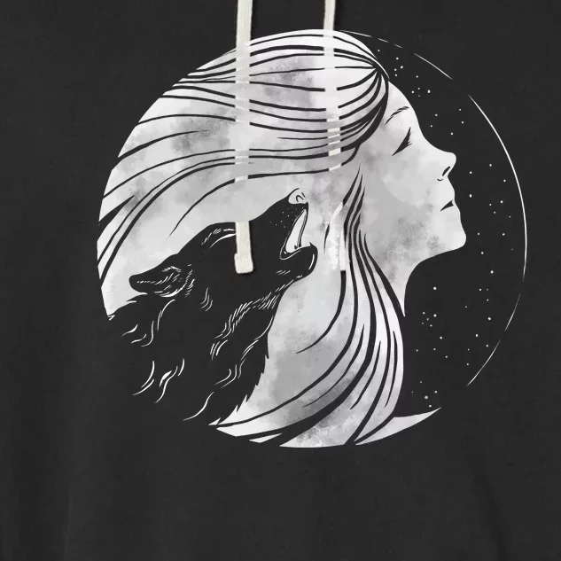 Moon Wolf Illustration Garment-Dyed Fleece Hoodie