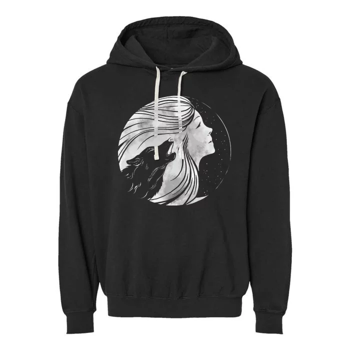 Moon Wolf Illustration Garment-Dyed Fleece Hoodie