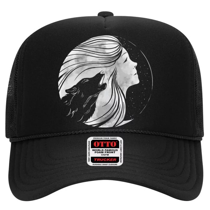 Moon Wolf Illustration High Crown Mesh Trucker Hat