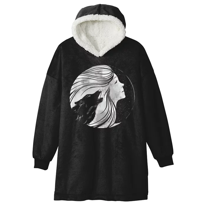 Moon Wolf Illustration Hooded Wearable Blanket