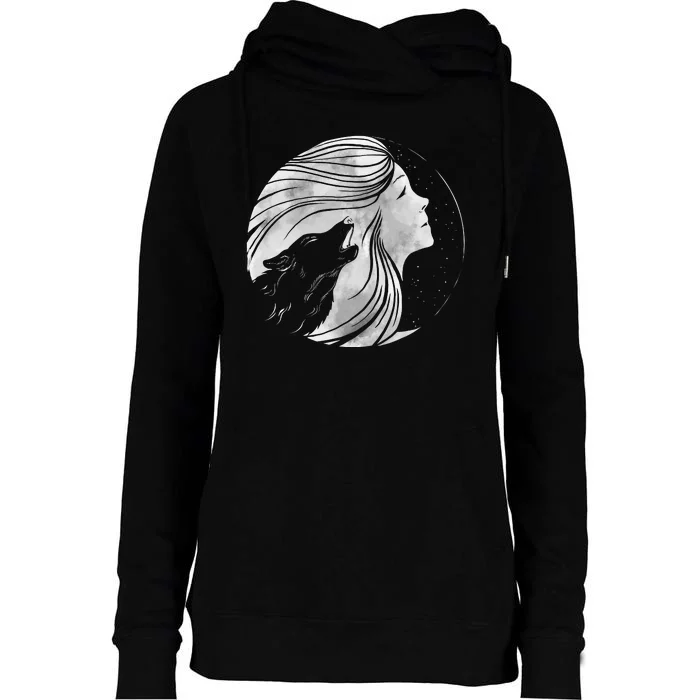 Moon Wolf Illustration Womens Funnel Neck Pullover Hood