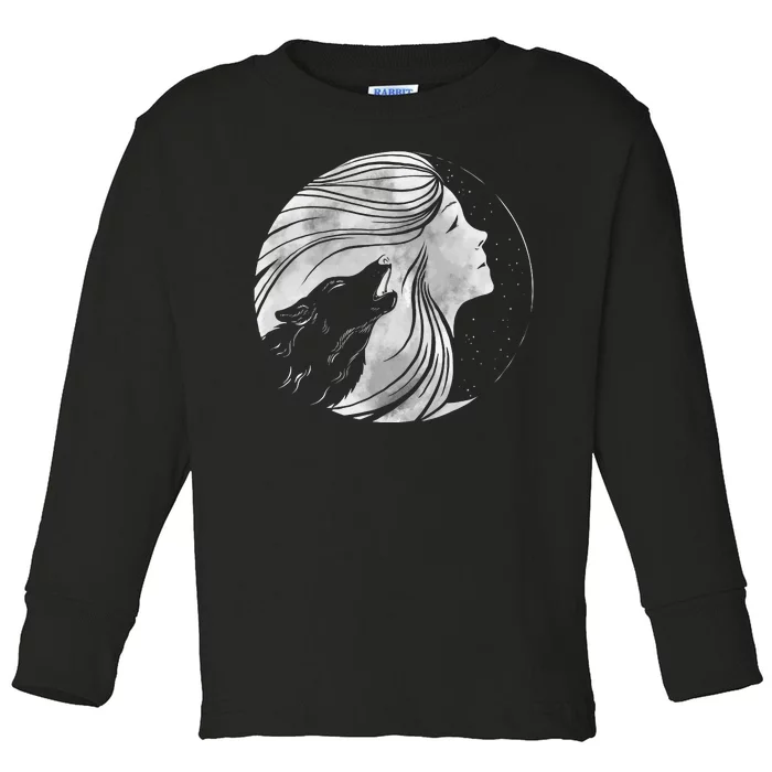 Moon Wolf Illustration Toddler Long Sleeve Shirt