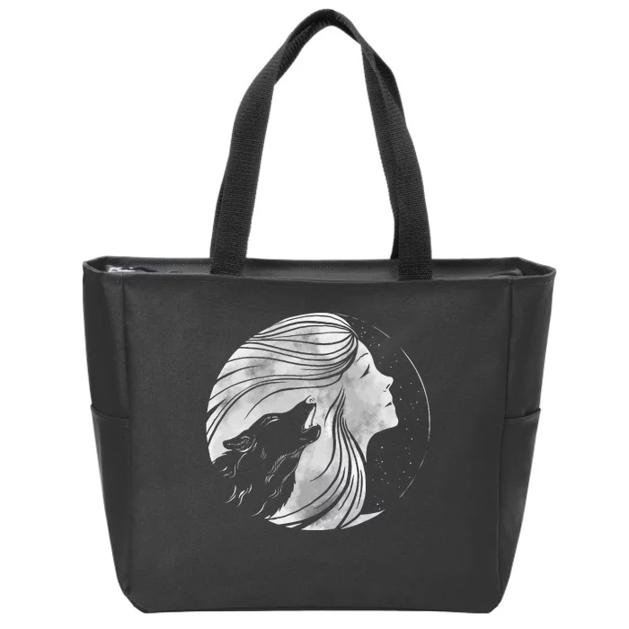 Moon Wolf Illustration Zip Tote Bag