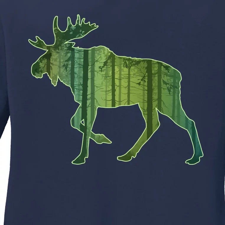 Moose Forest Silhouette Ladies Long Sleeve Shirt